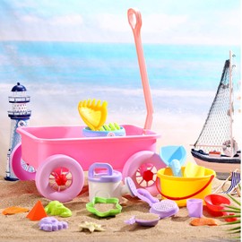 Foilswirl Beach Toys Wagon Set 21 Sand Toys Bucket Watering Can Shovels Rakes and Molds Sand Toys, Plastic Water Wheel Beach Tool Kit Outdoor Beach Garden Toys Tool for Kids Toddlers Boys and Girls