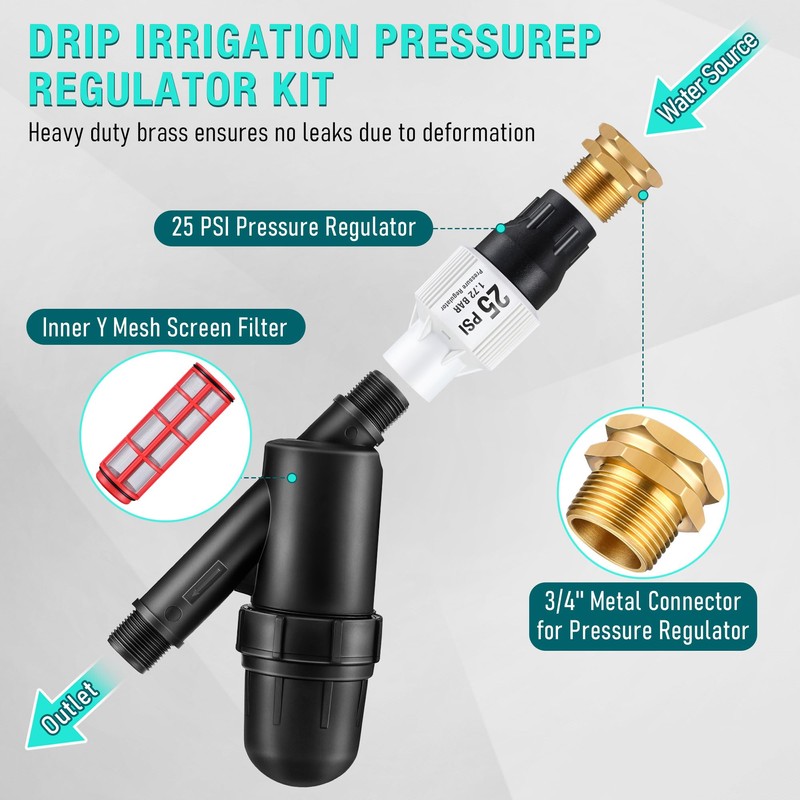 Aurelema Drip Irrigation Pressure Regulator and Filter, 25 PSI Water