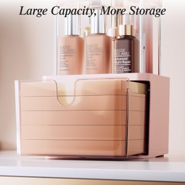 Delamu Bathroom Counter Organizer, 2-Tier Makeup Organizer for Vanity with Large Drawers, Skincare Organizer 6 Compartments for Lipstick, Skincare, Brushes, Pink