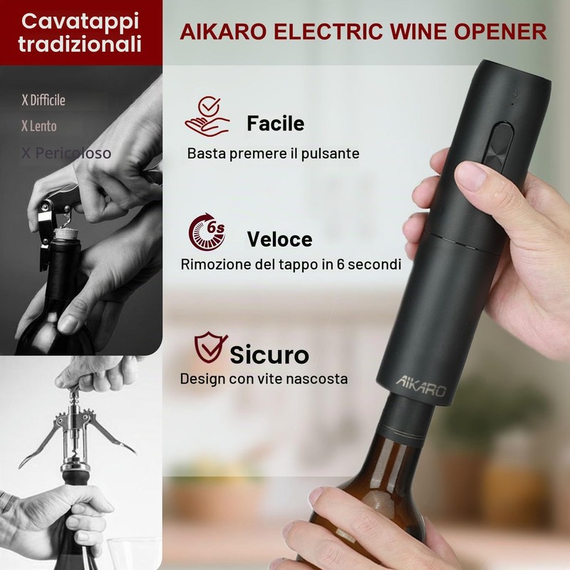 AIKARO - Cavatappi Elettrico Apribottiglie Elettronica Automatico per Vino, Ricaricabile