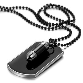 Oidea Army Style Alloy Bullet Dog Tag Pendant Necklace for Men Black Silver High Polished Mens Necklace, 27.5 Inch Chain Icluded (blacksilver)