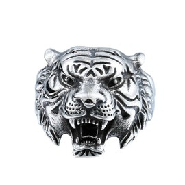 PAMTIER Mens Stainless Steel Vintage Gothic Biker Tiger Head Ring Band Animal Design Black Silver Size P 1/2