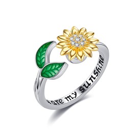 CUPENDA Sunflower Fidget Rings for Women Sterling Silver Sunflower Spinner Anxiety Adjustable Rings Sunflower Jewellery for Women, Sterling Silver, No Gemstone