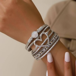 Long tiantian Leather Heart Wrap Bracelets for Women Stocking Stuffers Handmade Stackable Boho Cuff Bangles Bracelet Trendy Birthday Christmas Gifts for Her