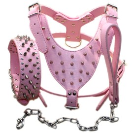 Serijoars Leather Spiked Dog Harness and Collar Set - Suitable for Large Breeds Pit Bull Terriers, Labradors, Dobermans - Durable Leather Harness and Collar Leash 3Pcs Set (Studs Pink, L)