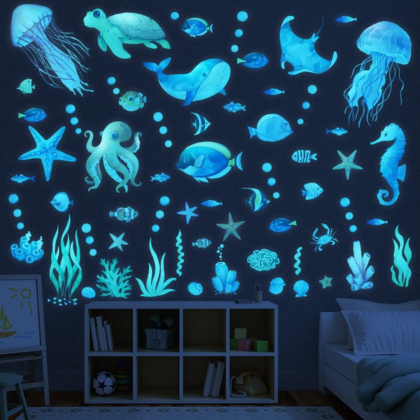 Glow in the Dark Stars Ceiling, Luminous Sea Life Stickers, Glow in the Underwater World Wall Stickers for Children's Room, Baby Nursery, Bathroom