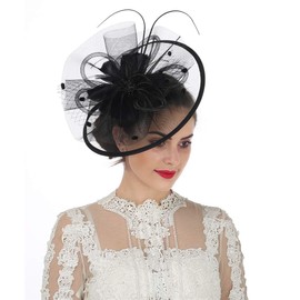 Sinamay Flower Feather Headband Fascinator Wedding Headwear Ladies Race Royal Ascot Pillbox Wedding Cocktail Tea Party Derby Hat for Women（SG-Black