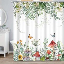 Renaiss 72x72 Inches Sage Green Mushroom Shower Curtain, Watercolor Eucalyptus Leaves Butterfly Floral Boho Botanical Fabric Shower Curtains for Bathroom Decor Waterproof with Hooks