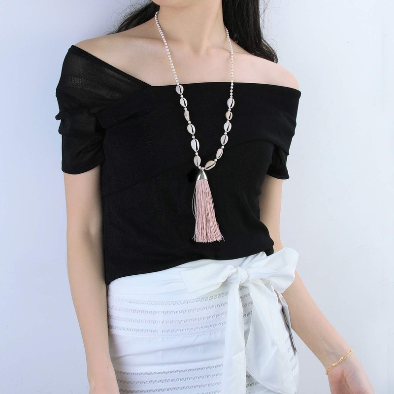 KELITCH Women's Tassel Shell Pearl Necklace Handmade Chains Long Strand