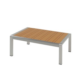 roomfitters Outdoor Aluminum Coffee Table, Modern Weatherproof Patio Table for Garden, Deck, or Balcony, Teak+Silver