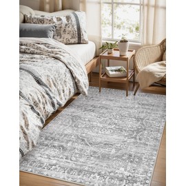 Lahome Machine Washable Area Rugs - Floral Grey 4x6 Rug Non-Slip Soft Room Rugs for Bedroom Ultra-Thin, Neutral Boho Print Stain Resistant Rug for Kitchen Laundry Room Entryway Office (Grey, 4'x6')