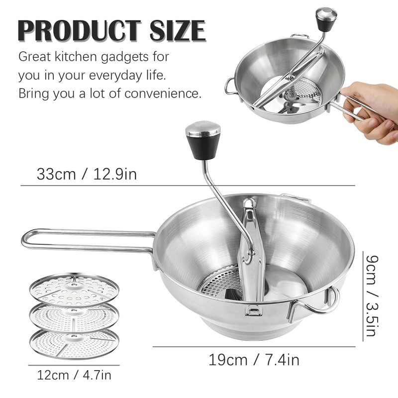 Stainless Steel Potato Ricer with 3 Interchangeable Discs and Large