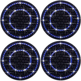 MEAJOO 4PCS Bling Crystal Rhinestone Cup Holder Coaster, 2.75 inch Soft Silicone Anti-Slip Shockproof, Car Cup Holder Insert Coasters, Universal Car Interior Accessories for Women (Black & Blue)