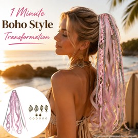 Elastic Dread Ponytail, Boho Braided Ponytail Extension with Elastic Hair Tie, Lightweight Braiding Hair for Women DIY Daily Festival Cosplay, Pink and Blue