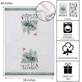 Seliem Hello Winter Watercolor Pine Trees Kitchen Dish Towel Set of 2, Cardinal Reindeer Blue Grey Hand Drying Baking Cooking Cloth, Red Bird Farmhouse Snow Holiday Decor Home Decoration 18 x 26 Inch
