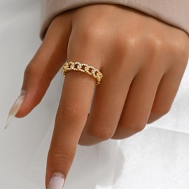 Nawflue 18K Gold Plated Double Cubic Zirconia Rings for Women Adjustable CZ Clover Open Ring Bead Leaf Wrap Finger Rings Stackable Cute Statement Ring Jewelry
