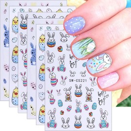 6 Sheets Easter Nail Art Stickers 3D Self-Adhesive Bunny Nail Stickers Rabbits Chick Egg Nail Design Easter Nail Decals Cute Nail Decoration Supplies for Women Girls DIY Acrylic Nails Accessories