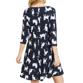 Women's Cat Dresses with Pockets 3/4 Sleeves Crew Neck A Line Dress Black Size Small