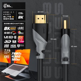 CSL - 8k HDMI Cable 2.1 3 m Metre - 8K @ 60Hz / 120Hz - 4K @ 240Hz - 48 Gbit/s - HDMI 2.1 2.0a 2.0b - 3D - High Speed Ethernet - HDTV - UHD II - Dynamic HDR-10+ - eARC - Variable Refresh Rate VRR