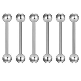 Briana Williams 6pcs Stainless Steel Straight Barbell Set 14G Tongue Nipple Industrila Piercing Bars Jewellery (12/14/16/18/20/25/32/35/38mm)