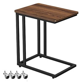 VASAGLE End Table, C Shaped TV Tray with Metal Frame, Rolling Casters, Industrial, for Living Room, Bedroom, Dark Walnut + Black