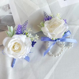 Rose Corsage and Boutonniere Set Lavender Blue Corsage Wrist and Men Boutonniere for White Wedding Party Prom Suit Decorations