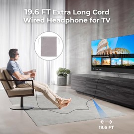 100SEASHELL Long Cord Tv Headphones for Seniors with Volume Control Wired Over The Ear Headphone Corded Extra Long Cord Length(19FT)