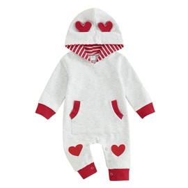 BeQeuewll Newborn Baby Girls Boys Valentine's Day Outfit Infant Sweatshirt Jumpsuit Long Sleeve Heart Hooded Romper 0-12M (Gray, 3-6 Months)