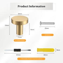 ZOCONE 12PCS Gold Drawer Knobs, 29mm Round Cabinet Knobs with 12 Screws & 1 Double-Ended Dual-Purpose Screwdriver Gold Knobs for Drawers Gold Drawer Handles for Cupboard Wardrobe Furniture-Minimalism