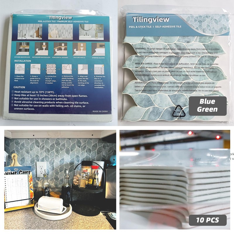 Tilingview 10 Pcs Leaf Design Peel and Stick for Kitchen