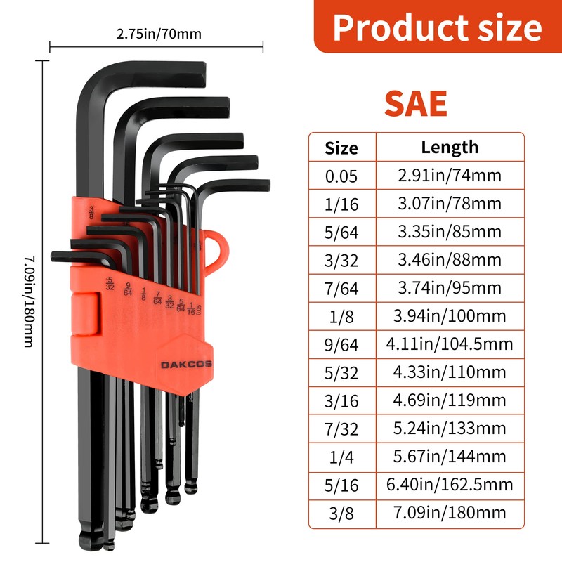 DAKCOS 13 Piece Imperial Hex Key Set Allen Hex Hexagon
