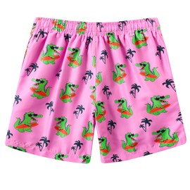 Cozople Boys Swim Trunks with Compression Liner Cute Dinosaur Printed Bathing Suit Quick Dry Pink Swim Shorts Lightweight Beach Swim Shorts Size 5-6