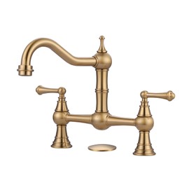 WOWOW Gold Bridge Kitchen Faucet 2 Hole Antique Brass Bridge Faucet 2 Handle 8 Inch Centerset Farmhouse Kitchen Sink Faucet 360° Swivel Vintage Tap