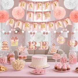 Rose Gold 13th Birthday Decorations for Girls, Rose Gold Happy 13th Birthday Banner Hanging Swirls Streamers with Tissue Pompoms, Circle Dots Garland for Girls Sweet 13 Years Old Party Decor Supplies