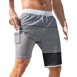 SILKWORLD Mens Swim Trunks Quick Dry Bathing Suit Long Swimming Shorts with Zipper Pockets, Grey White Stripes, Medium