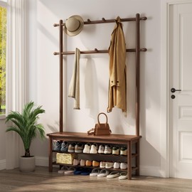 AQIMUELE Coat Rack with Shoe Storage, Wooden Hall Tree with Bench, 11 Hooks and 2-Tier Storage Shelves, 3-in-1, Entryway Bench with Coat Rack (39.3"-Walnut)