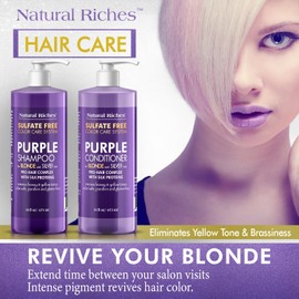 Natural Riches Purple Shampoo and Conditioner Set for Blonde, Silver & Grey Hair – Sulfate-Free, Color-Safe, Removes Brassy & Yellow Tones for Natural, Highlighted, and Bleached Hair – 16x2 fl oz