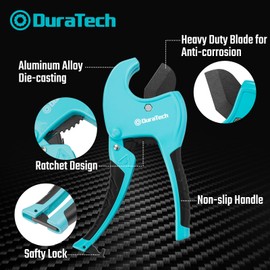 DURATECH Ratchet PVC Pipe Cutter, Cuts up to 1-5/8" PEX, PPR, PE and Plastic Hoses, with PTFE-Coated Sharp Blade,Suitable for Home and Plumbing Repairs