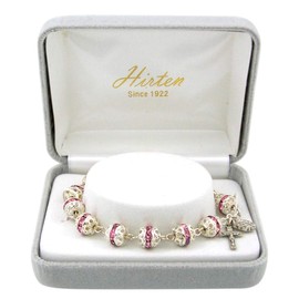 Needzo Rosary Bracelet for Women Silver Tone Base Metal and Pink Plastic Rhinestone Design Beads with Crucifix Cross Dangle and Miraculous Medal, 7 1/2 Inches