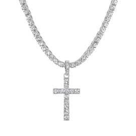 Iced Out Cross Pendant on Tennis Chain for Men or Women - Bling'ed Out Hip Hop Jewelry on Blast! - Gold or Silver and Size Your Choice - TN001 (18", Cross Silver)