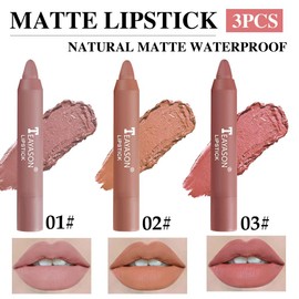Lápiz labial, Mate labial, Lipstick de 3 Colores Brillo de Labios mate Pintalabios, mate Larga Duracion Velvet Set, Taza Antiadherente Lápiz Impermeable sin Decoloración (C)
