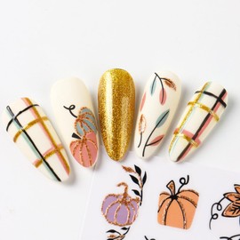 Fall Pumpkin Nail Art Stickers Decals 3D Colorful Autumn Leaf Lattice Nail Stickers 2PCS Cute Pumpkin Leaves Thanksgiving Nail Design Adhesive Sliders for Women Fall Party DIY Manicure Nail Decoration