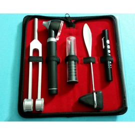 Premium Quality Black LED Fiber Optic Otoscope Reflex Hammer Tuning Fork C128 Penlight Set (HTI Brand)