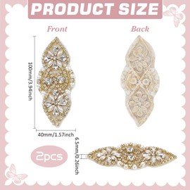FINGERINSPIRE 2PCS Golden Rhinestone Pearl Bead Applique 40x100mm Sew Iron on Crystal Patch Flower Wedding Belt Applique Hotfix Rhinestone Patches for Bridal Wedding Dress Clothes Decoration
