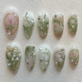 24Pcs Green Medium Length Press on Nails French Almond Shaped With Floral Design And 3D Pearl Design Acrylic Artificial False Nails Kit Full Cover White Glossy With Rhinestones Fake Nail Women Girls