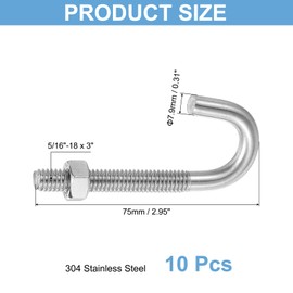 sourcing map 10 Pack J Bolts, 5/16"-18 x 3" Concrete J Bolts Cement Post Anchors 304 Stainless Steel Anchors Bolt with Nut for Concrete Pad Pouring Wood Projects, Silver