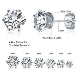 Gemsme 6 Pairs Cubic Zirconia Stud Earrings for Women/Men - Round Cut 6 Prong Settings 18K Gold Plated Hypoallergenic 3-8mm Clear Earrings Set - Wihte Gold