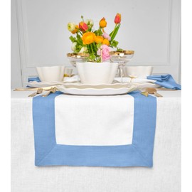 Solino Home Linen Table Runner 72 Inches Long - Cornflower Blue and White 100% Pure Linen 14 x 72 Inch Table Runner for Dining, Summer - Contempo