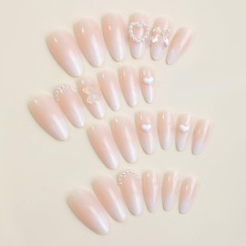 Press on Nails Almond Fake Nails with Bear Heart Bow Charm Designs Pink Gradient Valentines Glue on Nails Medium Cute Almond Press in Nails Medium for Women 24 Pcs