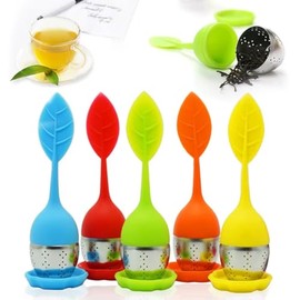 VERALY | 2 Filtros Infusor Té Reutilizable Diseño Hoja Silicona Grado Alimenticio Filtro Acero Inoxidable de Tres Partes Con Base Paquete Dúo Bolas Infusores Coladores Té (Celeste y Naranja)